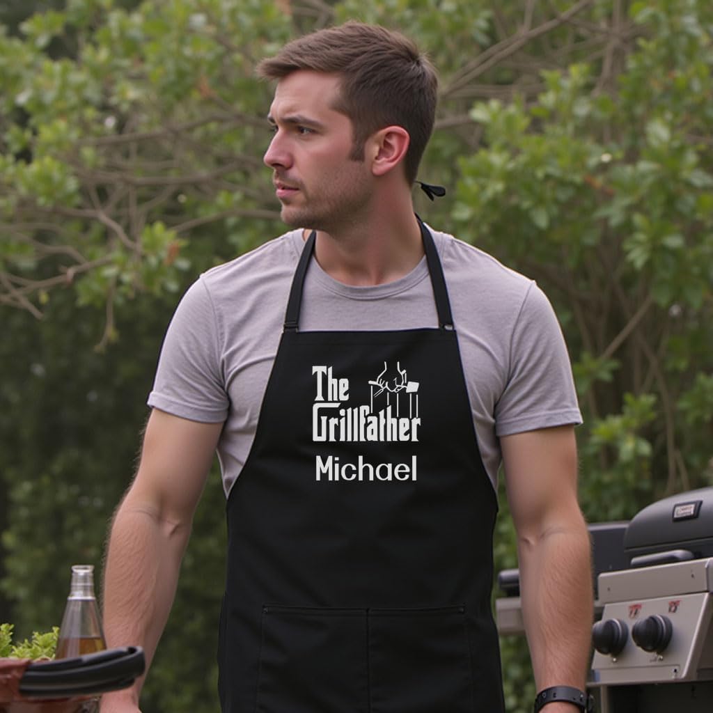 Personalized Chef Apron for Men, Custom Embroidered Design, Professional Kitchen Cooking BBQ Grilling for Dad, Decorated in USA