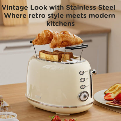 Toaster Retro 2 Slice, Vintage White Toaster with Lid, with Bread Attachment, Preheat, Defrost And Cancel Functions, 6 Browning Levels (Beige)