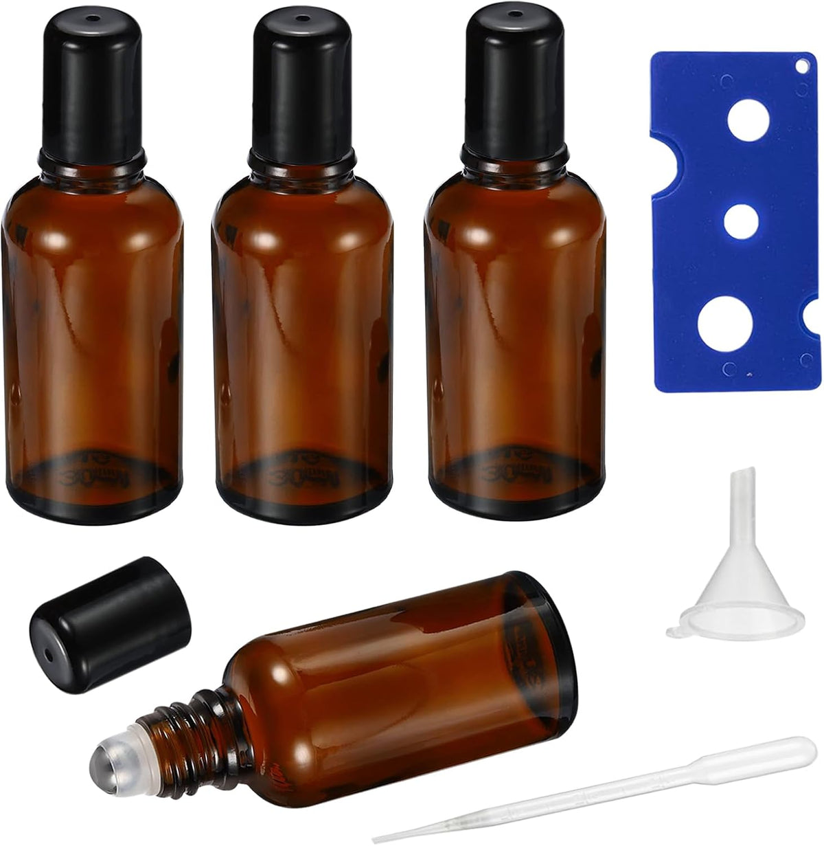30ML Roller Bottles for Essential Oil, 4 Pack Empty Amber Glass Roller Bottle for Perfume Oil, Roll on Bottles with Stainless Steel Roller Balls, Opener, Funnel and Dropper