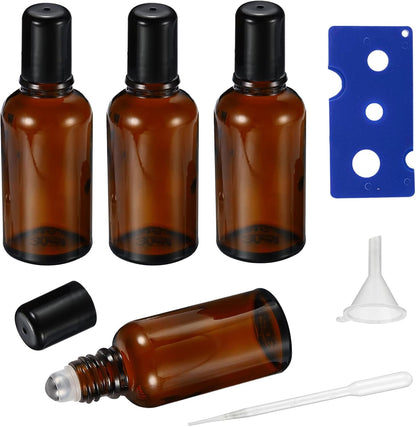 30ML Roller Bottles for Essential Oil, 4 Pack Empty Amber Glass Roller Bottle for Perfume Oil, Roll on Bottles with Stainless Steel Roller Balls, Opener, Funnel and Dropper
