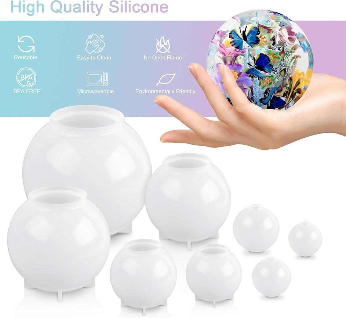 Kisrel Sphere Resin Molds, 8 PCS Sphere Silicone Mold, Upgraded 3D Seamless Epoxy Molds，Large Ball Shape Flower Resin Mold for Home Decor