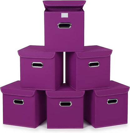 Closet Organizers Fabric Storage Bins With Lids Collapsible Cube Storage Organizer Basket With Handles,Storage Boxes for Clothes Storage,Office,Laundry,Shelves,6 Pack,（Purple）