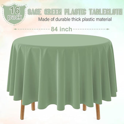 Ragnhild 16 Pack Sage Green Plastic Tablecloths for Round Tables, Premium Decorative Sage Disposable Table Covers for Parties, Round Party Table Cover for Birthday Wedding Baby Shower Party, 84 Inch