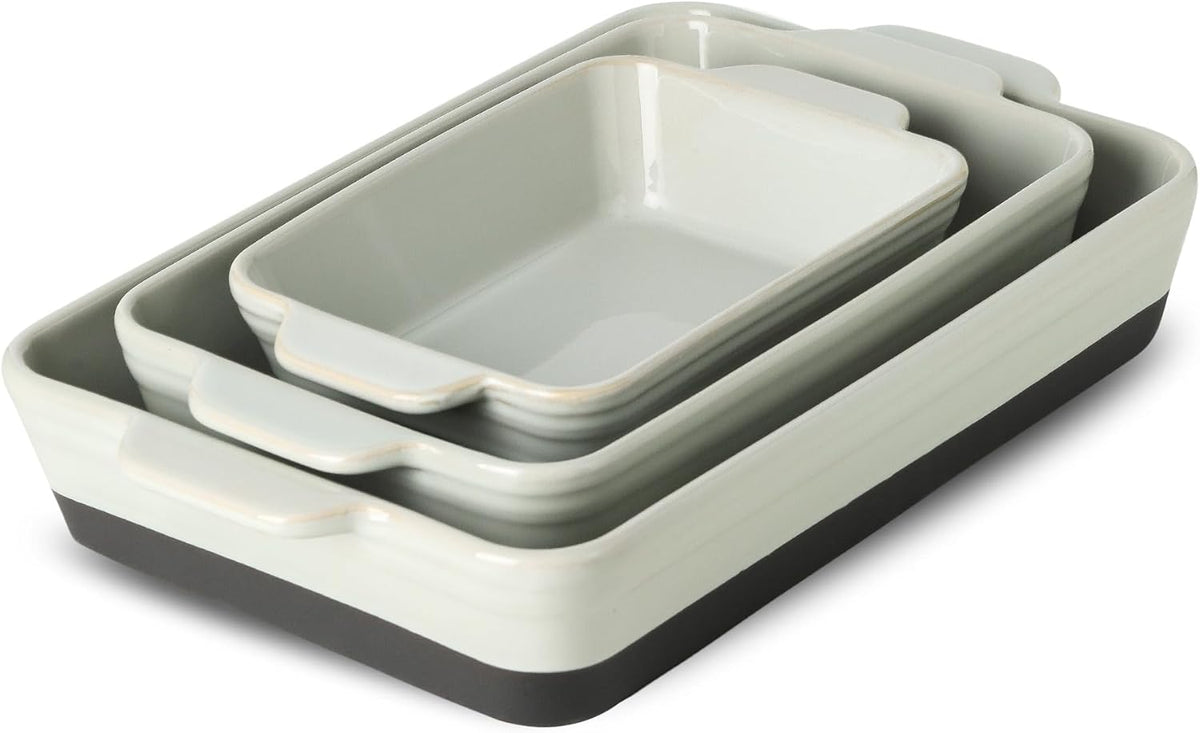 HVH Baking Dish Set, 9x13 Baking Dish, Large Casserole Dishes for Oven, Ceramic Lasagne Pan Deep, Baking Dishes for Casseroles 13 x 9, Ceramic Bakeware Set of 3, Farmhouse Style (Black Pottery)