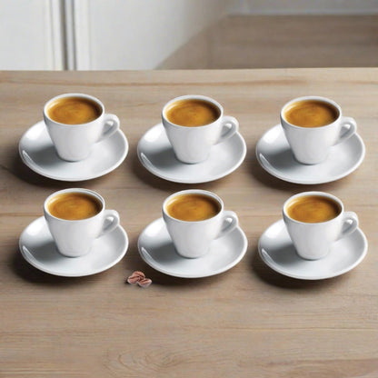 CUISINOX Italian Classic White Porcelain Espresso Cups and Saucers – Set of 6, 2 oz – Coffee Cups for Espresso Shots, Cappuccino, Latte – Perfect for Home and Coffee Bar Accessories