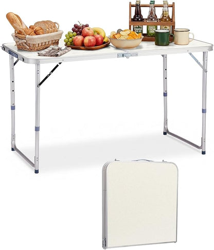 Outvita 4ft Portable Folding Camping Table, Outdoor Waterproof Adjustable Height Table, Aluminum Lightweight Suitcase Foldable Table for Picnic BBQ Beach Dining