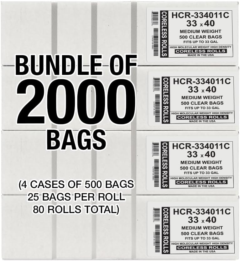 Aluf Plastics High Density Trash Bags, 33 Gallon, 2000 Count, 11 Micron (eq), 33" x 40", Clear, for Bathroom, Office, Industrial, Commercial, Janitorial, Municipal, Recycling