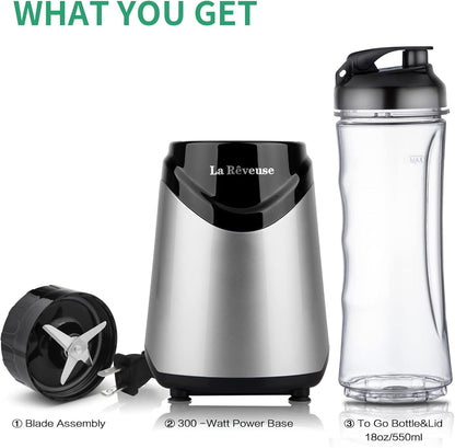 La Reveuse Smoothies Blender Personal Size 300 Watts with 18 oz BPA-Free Portable Travel Sports Bottle, Silver