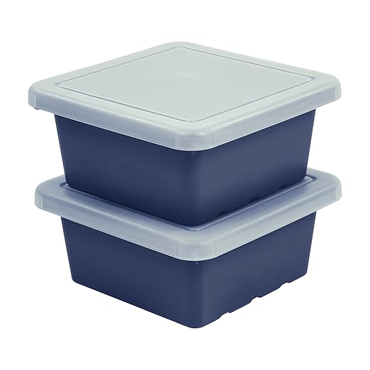ECR4Kids Stackable Square Bins with Non-Snap Lids, Multipurpose Organization, Navy, 2-Pack
