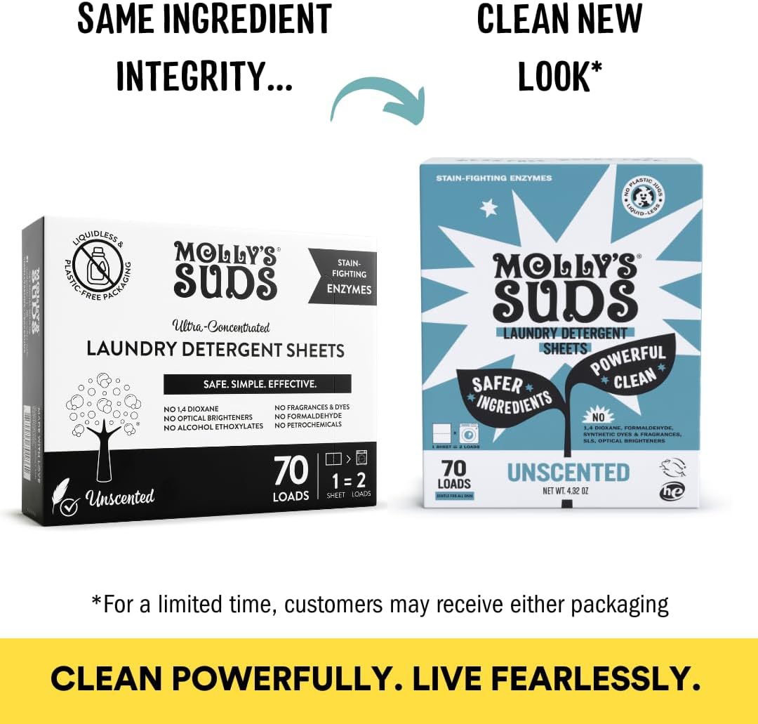 Molly’s Suds Laundry Detergent Sheets | Gentle on Sensitive Skin, Powerful Bio-Based Enzymes, Stain-Fighting | Liquidless & Plastic-Free Packaging | 70 Loads (Unscented)