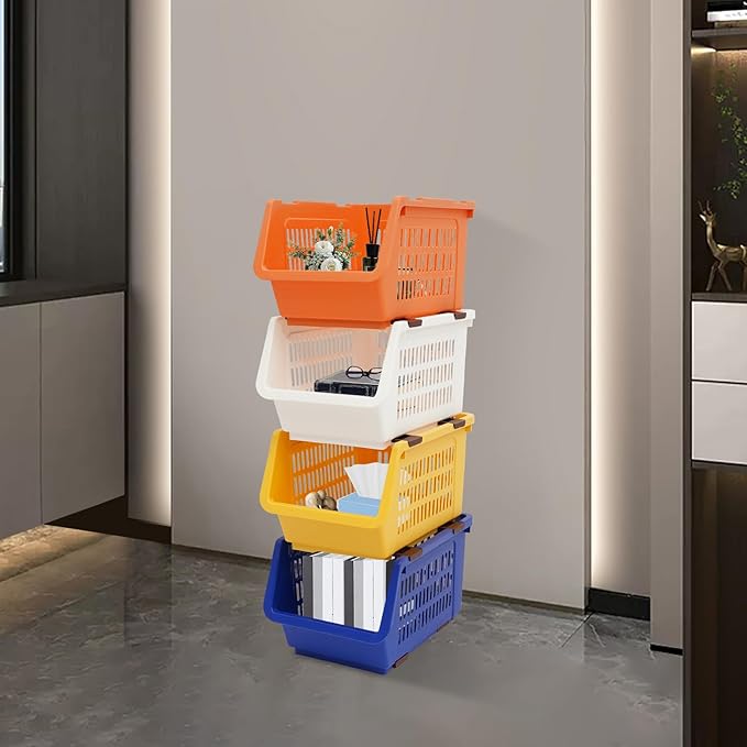 4-Pack Stackable Storage Baskets with 2 Wheels, Large Capacity 38.58 lbs Stackable Storage Bins Open Front, Space Saving Home Organization for Kitchen Bedroom Office (Morandi, 9.5*13.4*29.9 in)