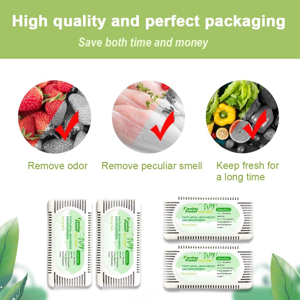 4Packs Fonday Refrigerator Deodorizer Odor Eliminator for Fridges Freezers Coolers Lunch Boxes Bamboo Charcoal More Effective Than Baking Soda