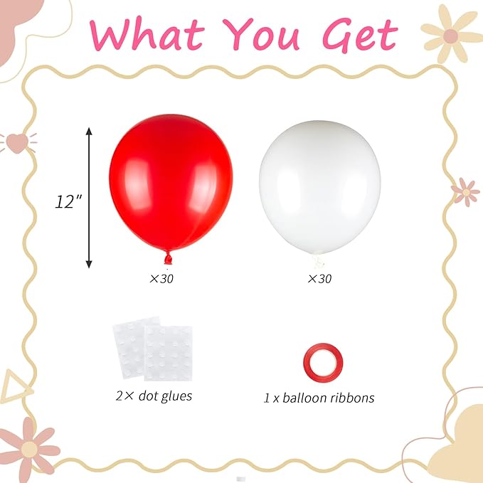 60pcs Red and White Balloons Kit, 12 Inch White Red Party Latex Balloons for Birthday, Graduation, 4th of July, Sports Party & Patriotic Party Decorations