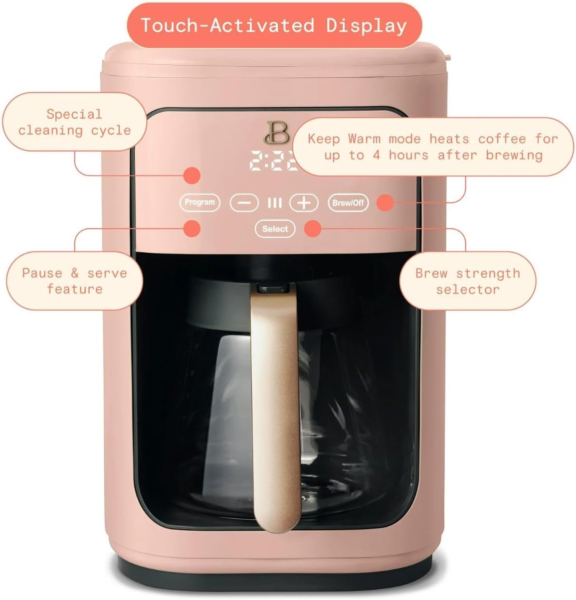 Beautiful Coffee Maker, 14-Cup, Touch-Activated Display, Programmable, Automatic Shut-Off, 1200W, Keep Warm, 24h Timer (Rose)