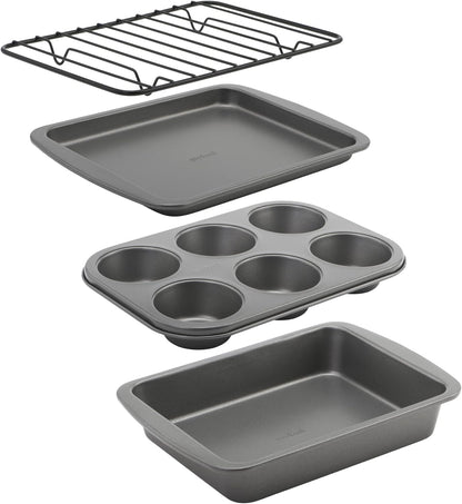 GoodCook 4-Piece Nonstick Steel Toaster Oven Set with Sheet Pan, Rack, Cake Pan, and Muffin Pan, Gray, 4-Piece Set Distributes Heat Evenly