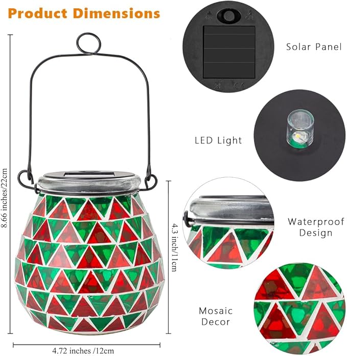 Starsoul 2 Pack Solar Lanterns Outdoor Waterproof, Vibrant Mosaic Hanging Solar Lights, Decorative Solar Lantern for Outside Garden Decor