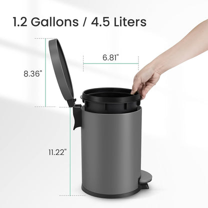 Cesun 1.2 Gallons Small Gray Trash Can, Bathroom Garbage Can with Lid and Foot Pedal, Mini Round Wastebasket for Bathroom, Bedroom, Office, 4.5 Liters / 1.2 Gallons, Gray