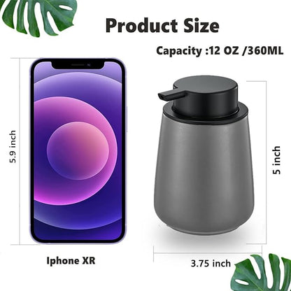 12Oz Grey Foaming Soap Dispenser - Ceramic Foam Hand Soap Dispenser with Easy-to-Press Black Pump, Refillable Bathroom Lotion Soap Dispenser, Dish Soap Dispenser for Kitchen Hand Wash Dispenser
