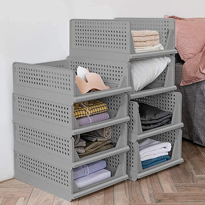 Stackable Wardrobe Organizer for Clothes - Multipurpose Foldable Plastic Closet Storage Organizer for Kitchen, Bedroom & Bathroom (Pack of 4, Grey)