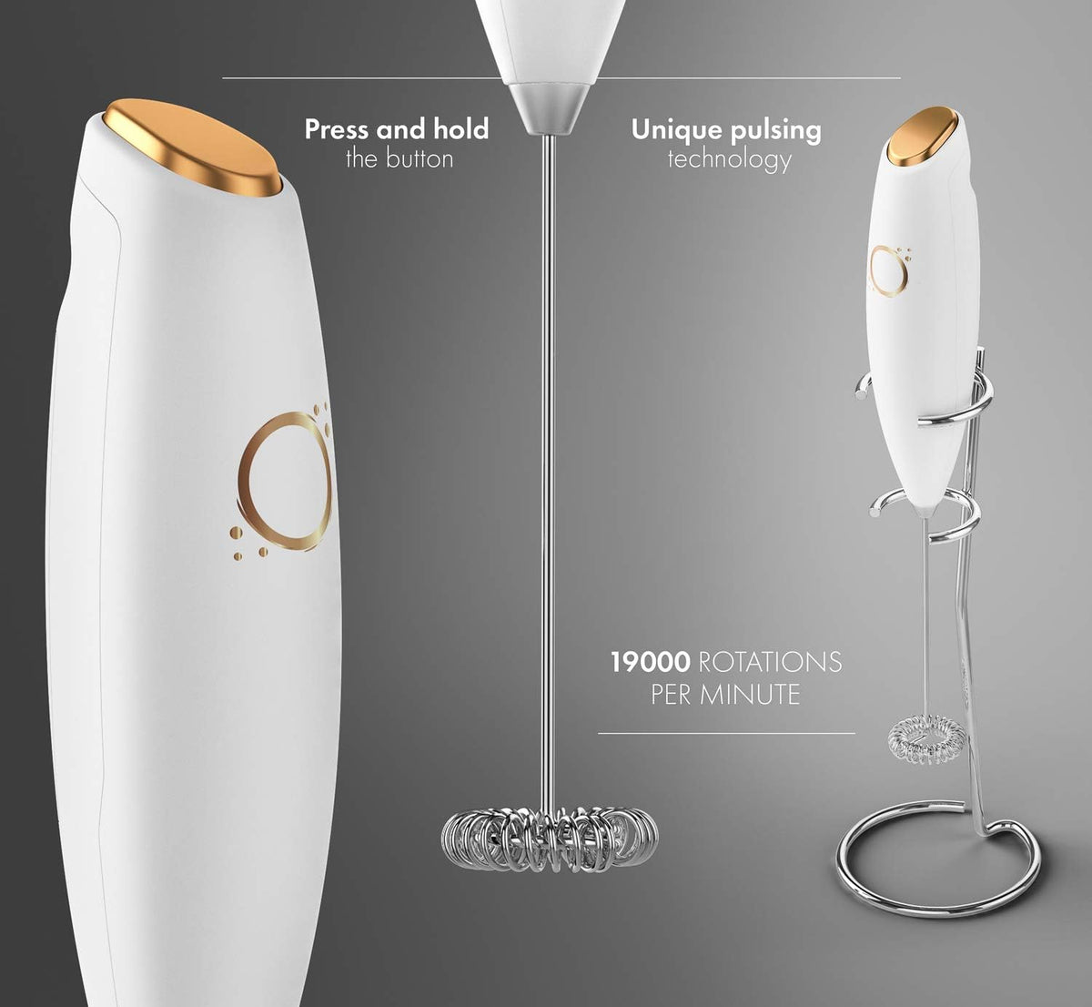 Milk Frother White - Coffee Frother Handheld with Electric Whisk - 19000 rpm - Book Recipes and Stainless Steel Stand Included