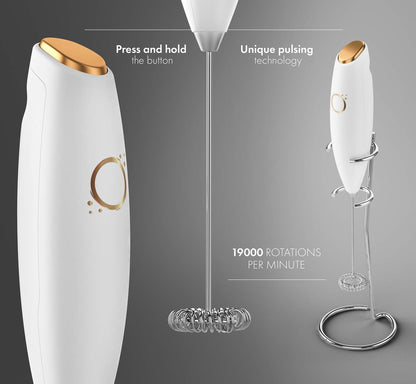 Milk Frother White - Coffee Frother Handheld with Electric Whisk - 19000 rpm - Book Recipes and Stainless Steel Stand Included