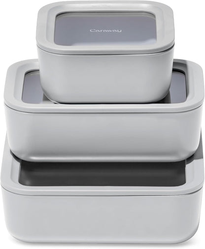 Caraway 3pc Glass Food Storage Set - 10, 6.6, & 4.4 Cup Containers - Ceramic Coated - Non-Toxic Non-Stick Lunch Box With Glass Lids - Dishwasher