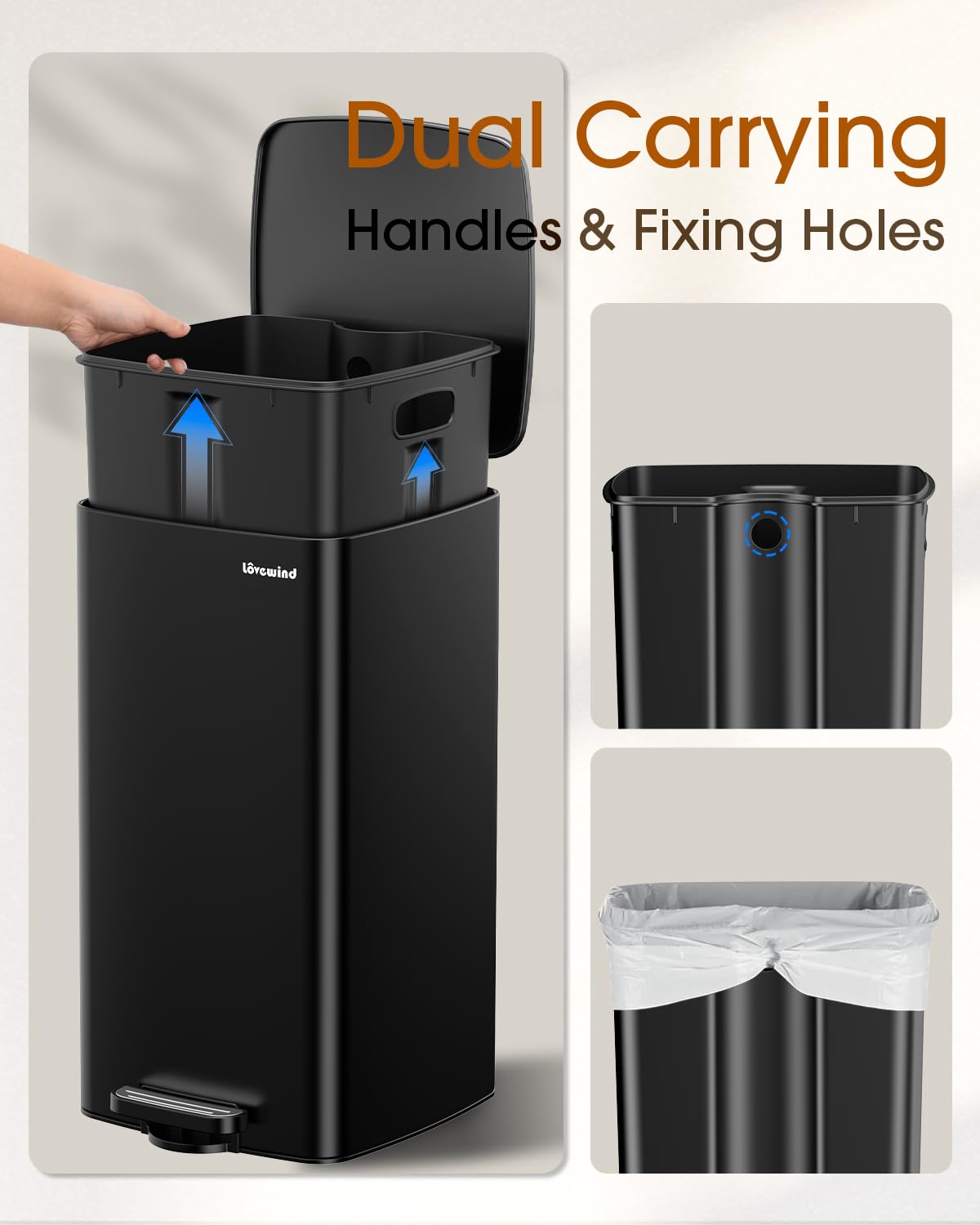 Lovewind Kitchen Trash Can with Lid, 8 Gallon/30 L Footstep Garbage Can for Kitchen Bedroom Home Office, 30 Liter Trash Bin Brushed Stainless Steel Waste Bin with Soft-Close Lid,Black
