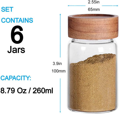Saiool 6 Pcs Small Glass Spice Jars with Label,High Sealing Threaded Mouth,with Black Printed Spice Labels - 8.79oz /260ml*6