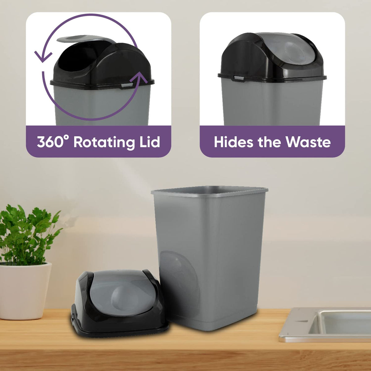 Superio Mini Plastic Trash Can with Swing Top Lid 1.25 Gallon Compact Small Waste Bin Portable Garbage Can for Countertop, Desktop, Make up Vanity, Bathroom, Car, Under Sink, Dorm 5 Qt (Grey/Black, 2)