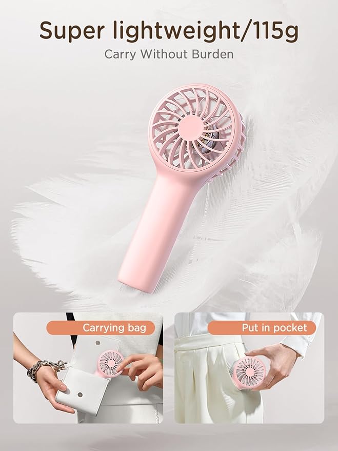 EasyAcc Mini Portable Fan Handheld, Lash Fan [12H Max Cooling Time] 3 Speed USB C Rechargeable Battery Pocket Personal Make up with Lanyard for Girls Women Travel Pink