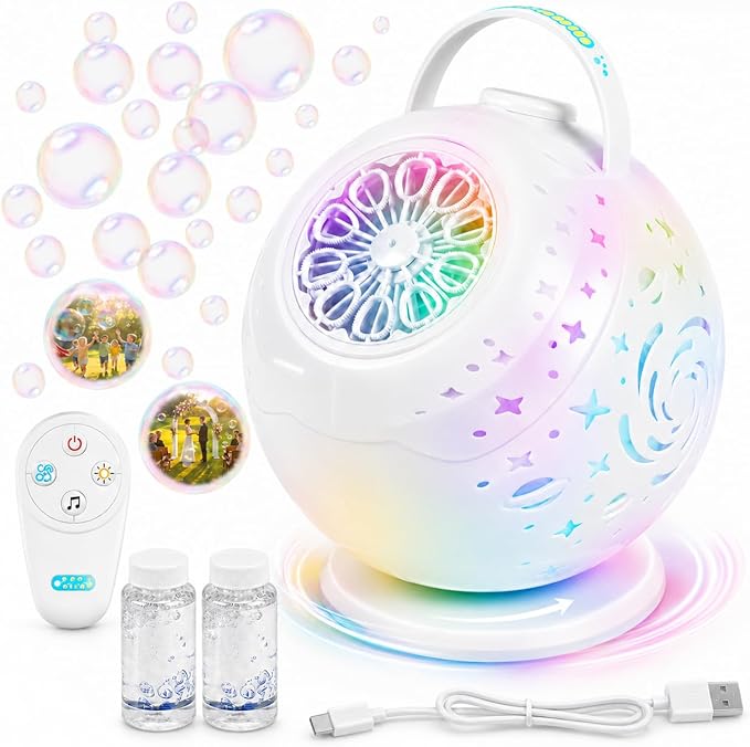 Upgraded Bubble Machine with Wireless Remote, 90° & 360° Rotating Maker, 7 Colors LED Light, 20000+ Output per Min, Type-C Charge, Automatic Blower for Kids Toddlers Indoor Outdoor Wedding