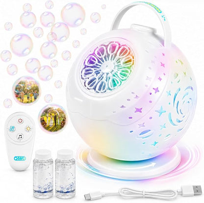 Upgraded Bubble Machine with Wireless Remote, 90° & 360° Rotating Maker, 7 Colors LED Light, 20000+ Output per Min, Type-C Charge, Automatic Blower for Kids Toddlers Indoor Outdoor Wedding