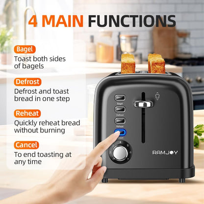 Black Toaster 2 Slice, Extra Wide Slot Toaster for Bagels, Bread, Waffles, 7 Shade Settings, 4 Main Functions, Removable Crumb Tray, 900 Watts Toasters, Black Stainless Steel