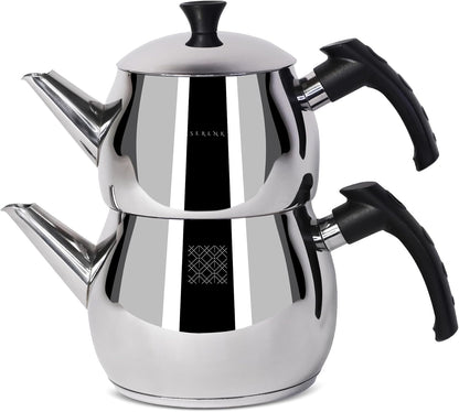 Serenk Stainless Steel 3 qt(101 fl oz) Turkish Tea Pot Sets With Lids And NonSlip Bakelite Handles For All Stove Type Turkish Tea Maker Two Pots With Termo Capsuled Induction Base (Black Small)