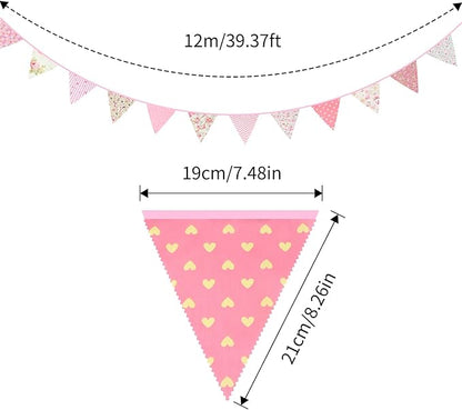 jijAcraft 39Ft Triangle Bunting Banner, 42Pcs Tea Floral Party Bunting Cotton Fabric Flags Pennant Garlands for Birthday Party, Wedding, Baby Shower, Outdoor and Home Decorations (Pink)