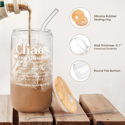 Chaos Coordinator 16oz Can Glass Tumbler with Bamboo Lid & Straw, Iced Coffee Cup for Female Coworker Friends Colleagues