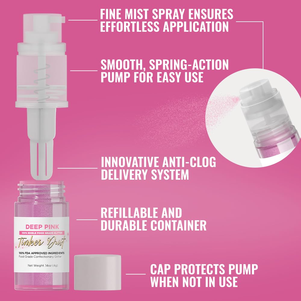Bakell - Deep Pink Tinker Dust Edible Glitter (4g, 1x Mini Spray Pump) Food, Desserts, and Beverages!