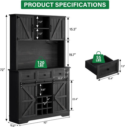 4 Ever Winner 72" Coffee Bar Cabinet with Sliding Barn Door & Wine Racks, Hutch Cabinet with Storage and 3 Drawers