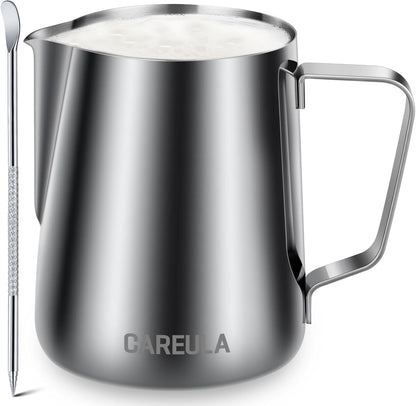 Milk Frothing Pitcher, 12oz Stainless Steel Milk Frother Cup Steaming Pitcher, Coffee Bar Cappuccino Espresso Machine Accessories Barista Tools, Metal Pitcher Milk Jug with Decorating Latte Art Pen