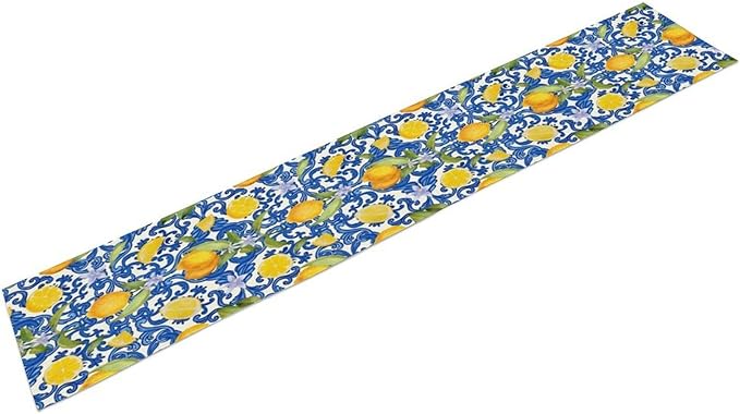 Rustic Lemon Table Runner,Vintage Morocco Blue Mediterranean Spring Summer Fruit Print Table Runner for Farmhouse Kitchen Dining Table Home Party Decor 13x90in