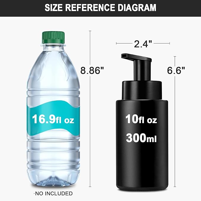 RYTOXILO Matte Black Foaming Hand Soap Dispenser, 10 oz/300ml Glass Foam Dispenser, 2 Pcs Foaming Soap Dispenser for Bathroom, Black Refillable Pump with Waterproof Labels