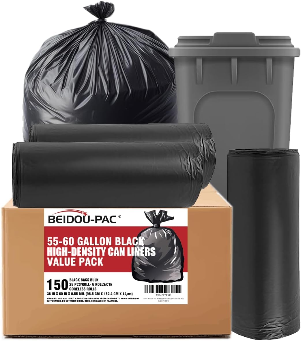 55-60 Gallon Trash Bags, 150 Count Bulk, Black Heavy Duty Garbage bags, Multi-purpose Trash Can Bin Liners for Business Home Commercial, Industrial Contractors, Storage, Outdoor