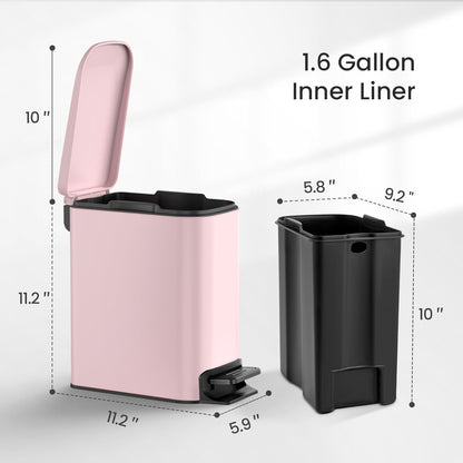 Cesun Small Bathroom Trash Can with Lid Soft Close, Step Pedal, 6 Liter / 1.6 Gallon Stainless Steel Garbage Can with Removable Inner Bucket, Anti-Fingerprint Finish (Pink)