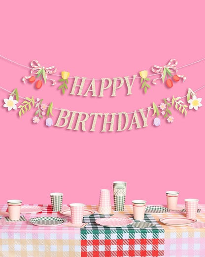 xo, Fetti Floral Happy Birthday Banner | Kids Party, Garden Theme, Tea Party Decorations, Tulips, Flower Garland, Pink, Farmers Market