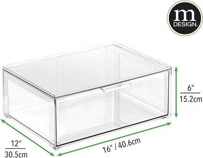 mDesign Plastic Stackable Closet Storage Organizer Bin Containers with Front Pull Drawer for Cabinet, Desk, Shelf, Cupboard, or Dresser Organization - Lumiere Collection - Set of 3 - Clear