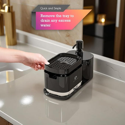 Automatic Dishwasher Soap Dispenser Set, Satisfying Squeeze Double Soap Pump, Premium Sponge Tray, Kitchen Sink Organizer, Instant Refill Soap Holder, 2 Minutes cleanup, Hand Pressed, Modern (Black)