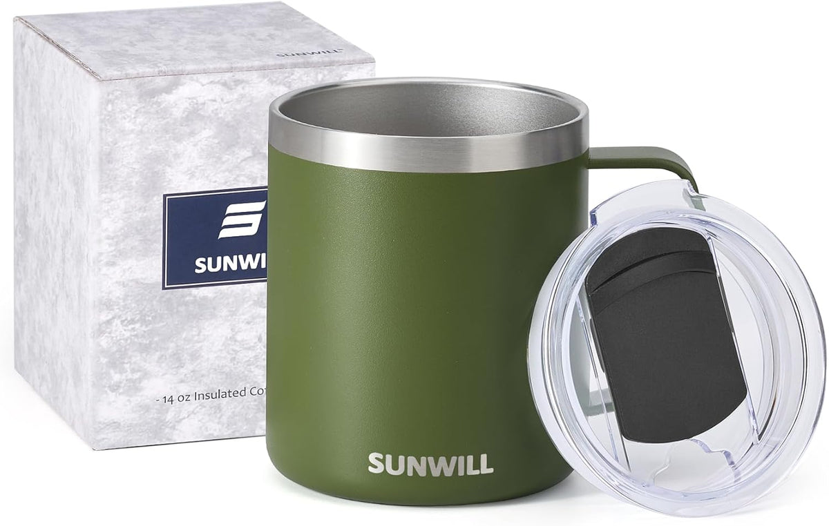 Sunwill Travel Coffee Mug with Lid, Insulated Tumbler with Handle, 14 oz Stainless Steel Cup for Camping, Office, Home, Powder Coated Olive