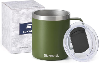 Sunwill Travel Coffee Mug with Lid, Insulated Tumbler with Handle, 14 oz Stainless Steel Cup for Camping, Office, Home, Powder Coated Olive
