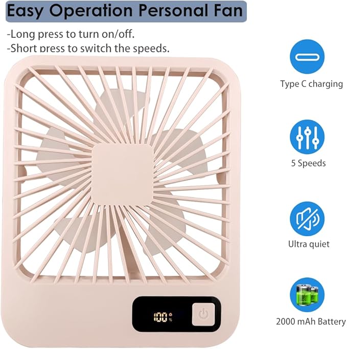 Small Desk Fan, Portable USB Rechargeable Fan, Tilt Folding Personal Mini Fan with 2000mAh Battery and LCD Display, Strong Wind, Ultra Quiet, 5 Speed Modes for Office, Home, Camping (khaki)