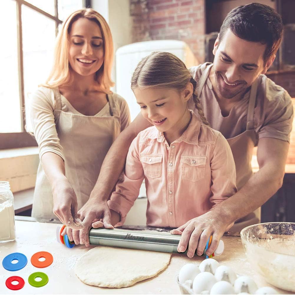 Rolling Pin and Silicone Baking Pastry Mat Set, Stainless Steel Dough Roller, Rolling Pins with Adjustable Thickness Rings, for Baking Fondant, Pizza